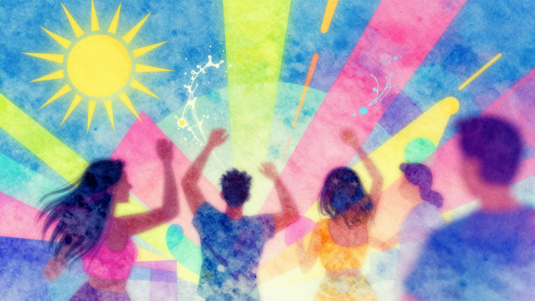 Vibrant watercolor style. Vibrant summer party atmosphere, a...