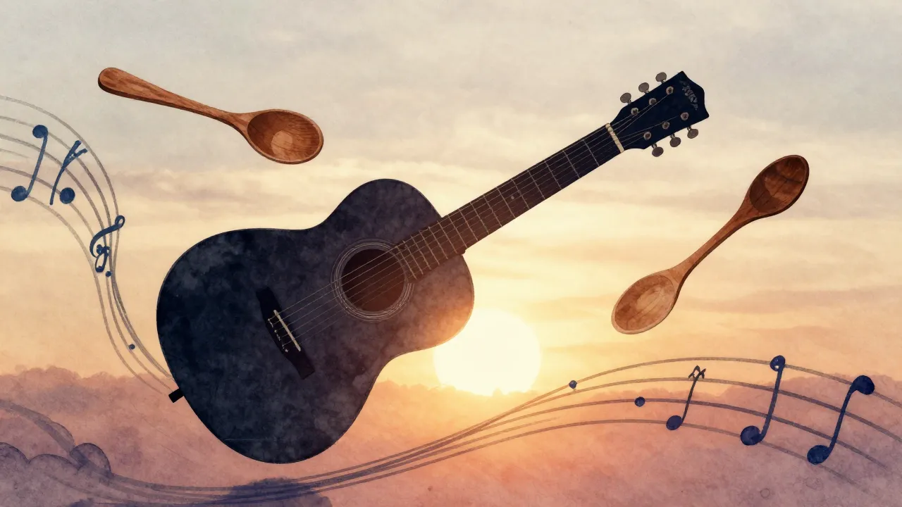 Watercolor style. Silhouette of an acoustic guitar and woode...