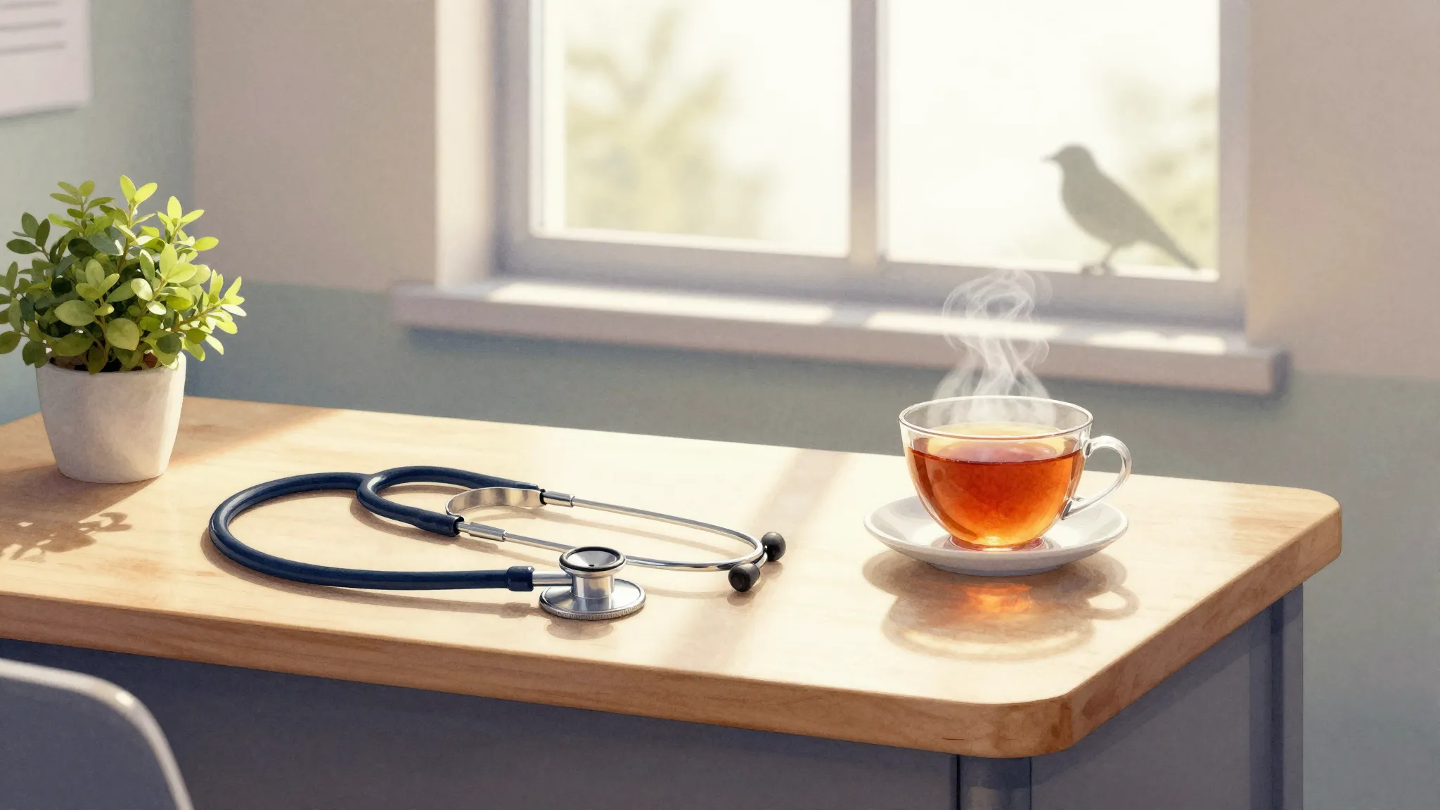 Watercolor style. A warm and cozy medical office with a stet...