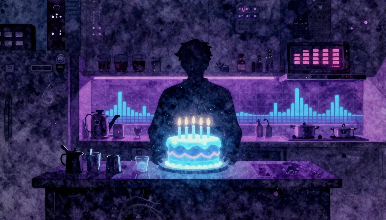 Watercolor style. Urban neon kitchen silhouette, glowing cak...