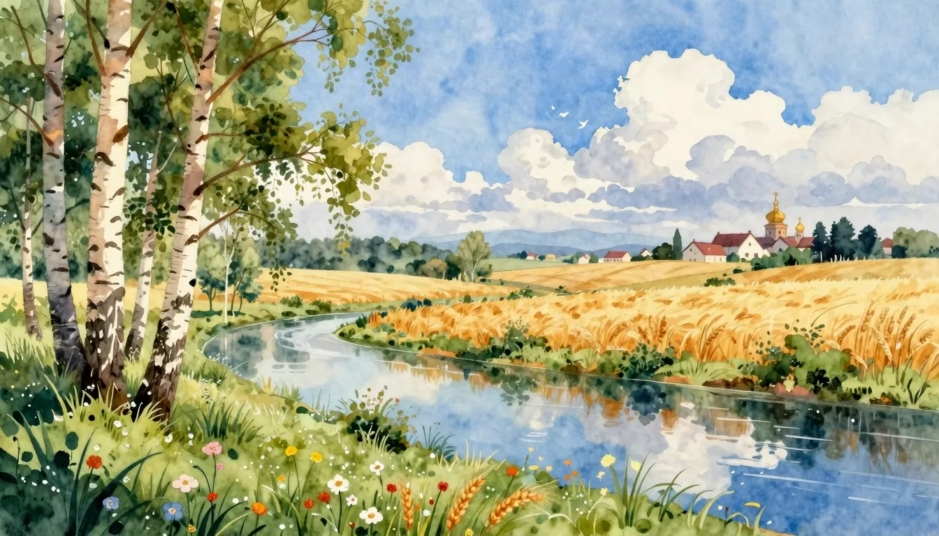 Watercolor style. A beautiful landscape of a vast country wi...