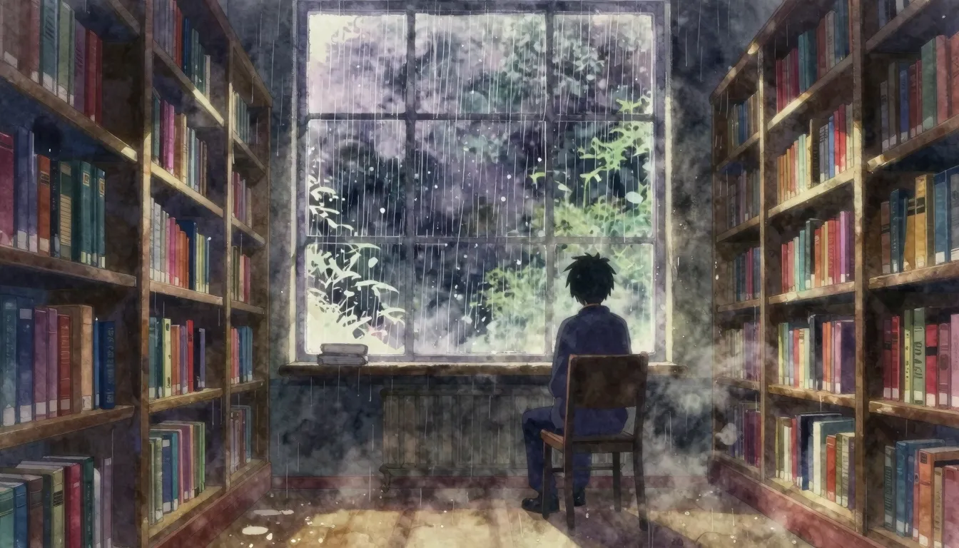 Vibrant watercolor style. Anime style, a melancholic library...