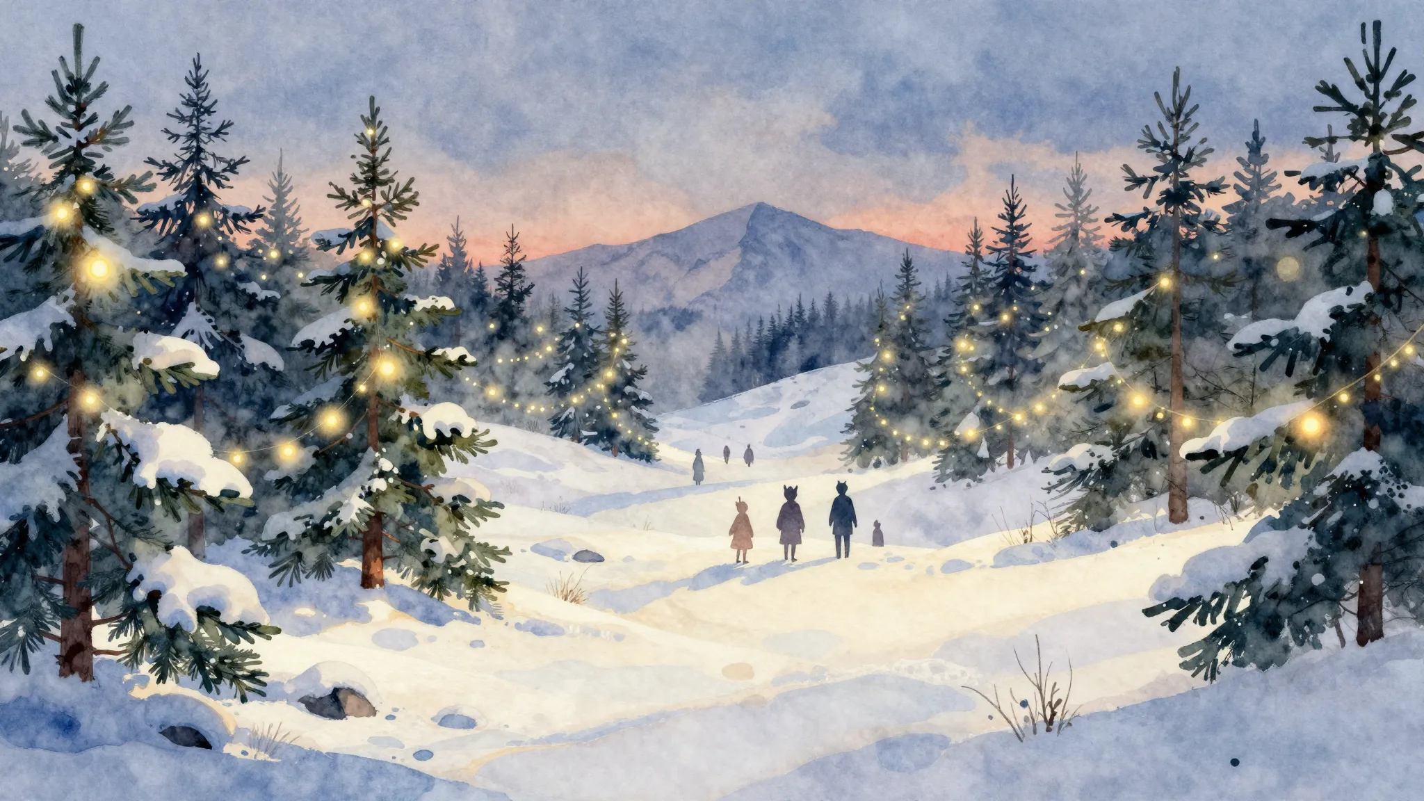 Watercolor style. Winter landscape with snow, pine trees, an...