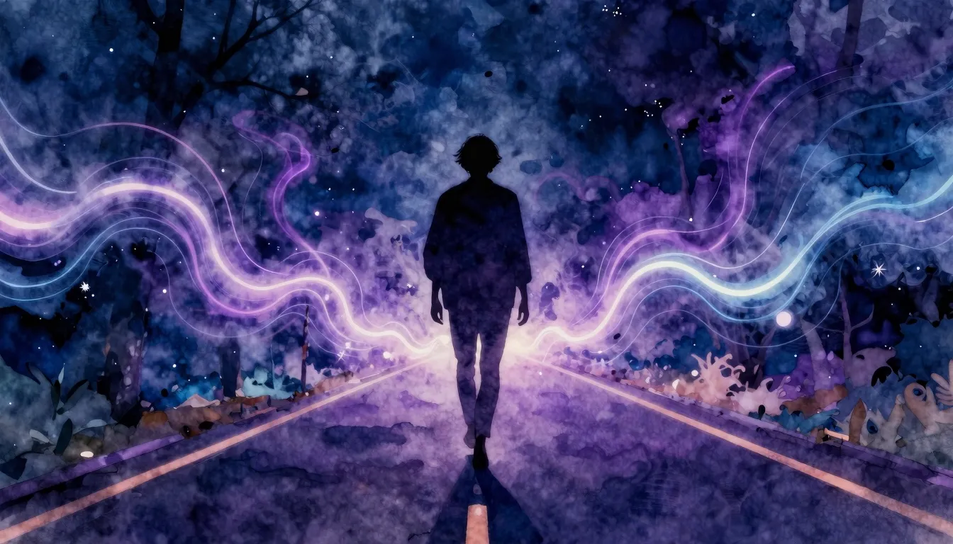 Vibrant watercolor style. A lone silhouette walking barefoot...