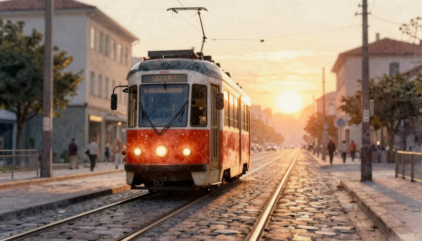 Watercolor style. A glowing tram driving on a cobblestone st...