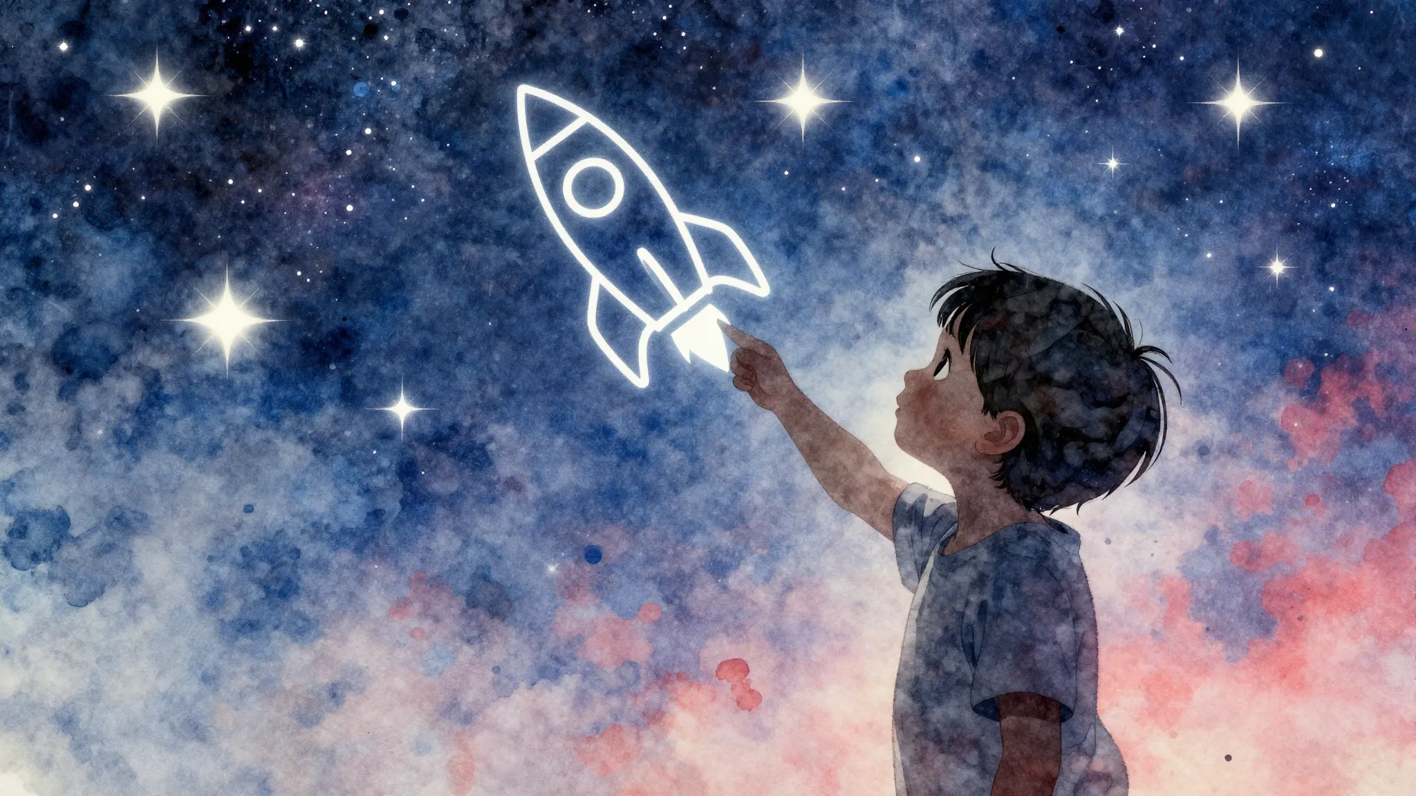 Watercolor style. Silhouette of a child looking at a starry ...