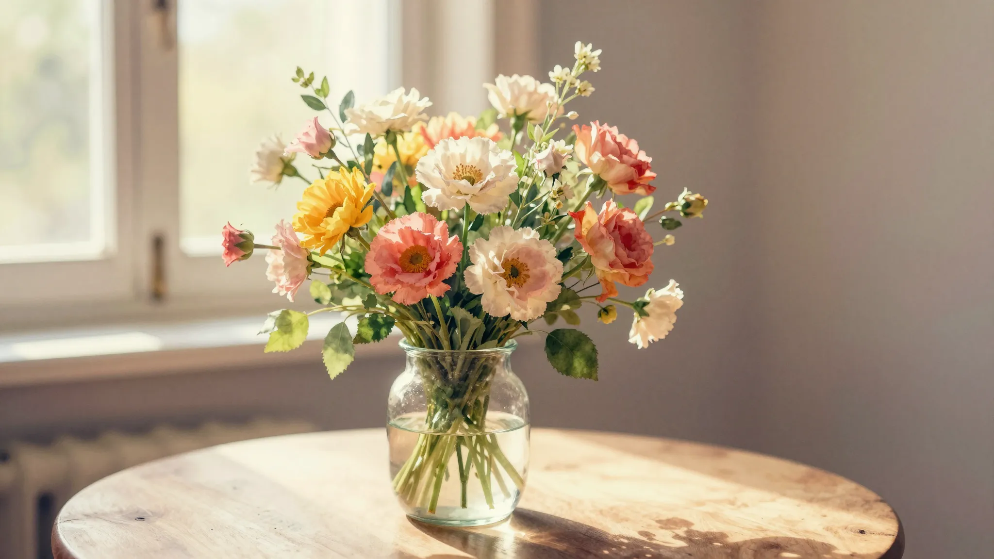Watercolor style. A beautiful bouquet of flowers on a table,...