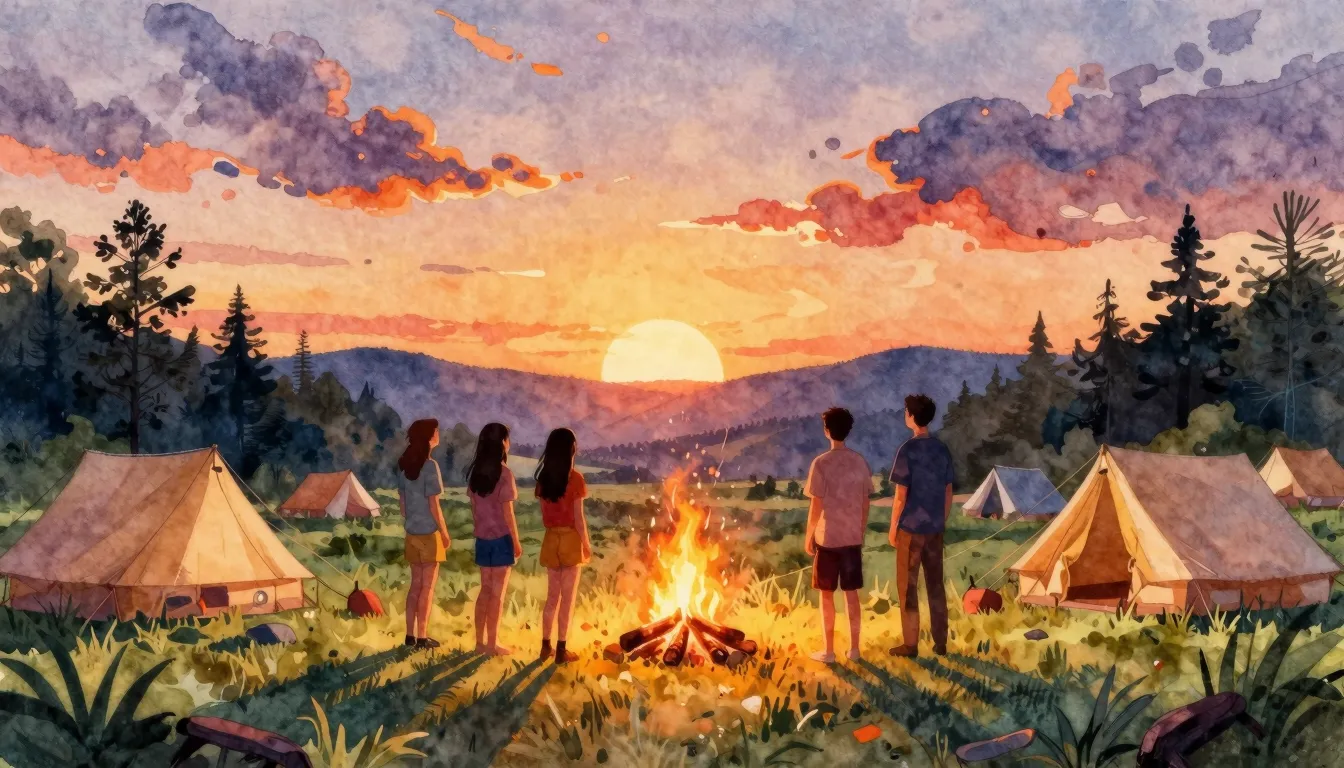 Vibrant watercolor style. A vibrant summer camp scene in a r...