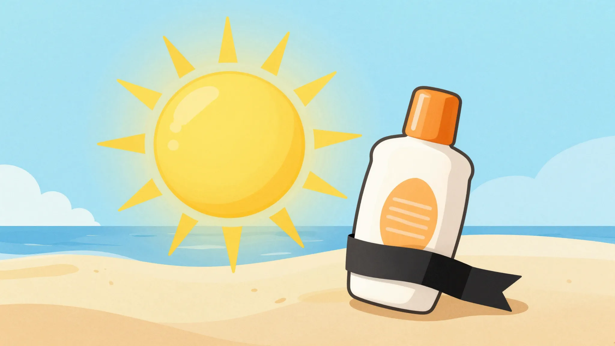 Watercolor style. A bright yellow sun shining over a beach w...