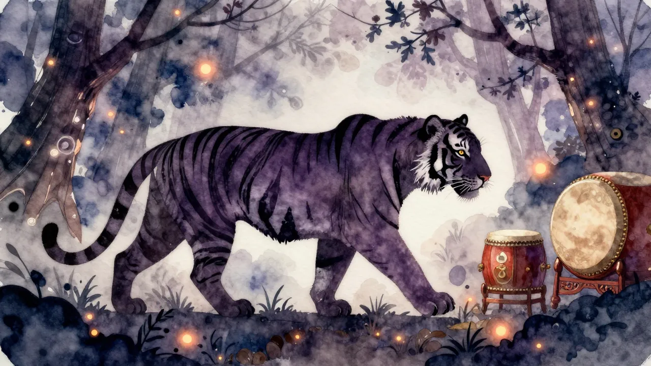 Watercolor style. A silhouette of a graceful tiger walking t...