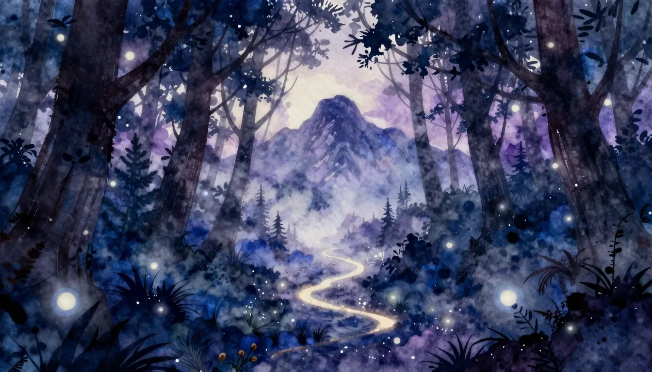 Watercolor style. A mystical forest with silhouettes of tree...