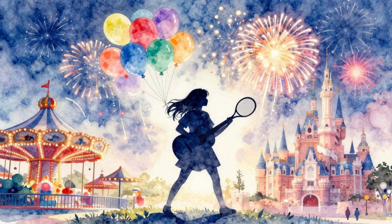 Watercolor style. Silhouette of a girl with a guitar and a t...