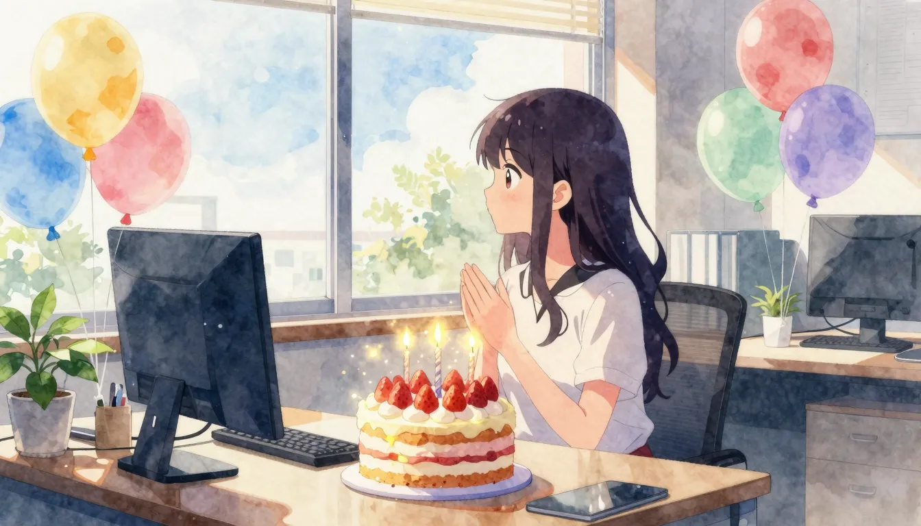 Watercolor style. Anime style office desk with a birthday ca...