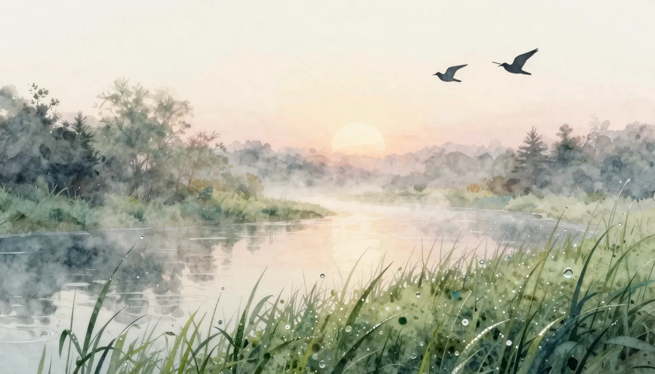 Watercolor style. A gentle morning mist over a calm river, t...