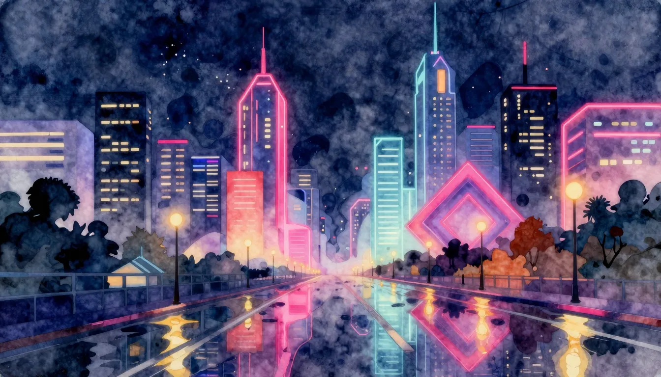 Watercolor style. A glowing neon city skyline at night, brig...