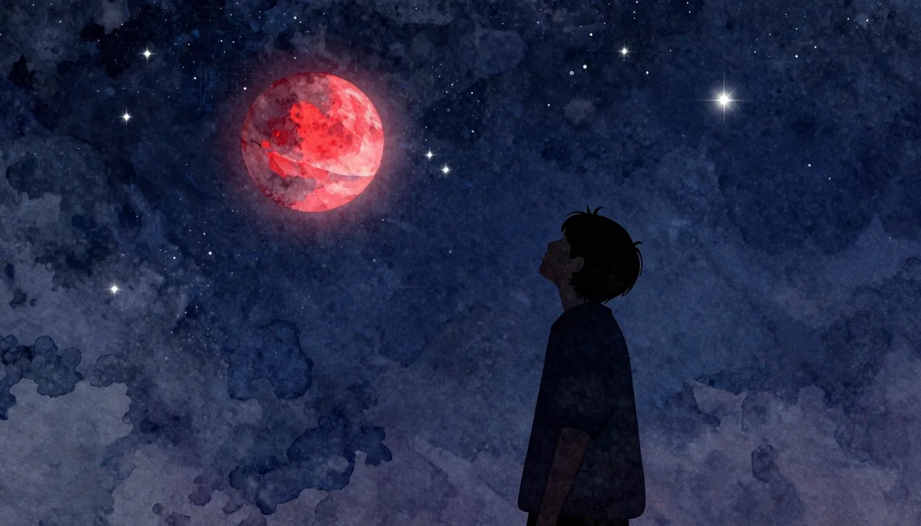 Watercolor style. A silhouette of a person looking up at a s...