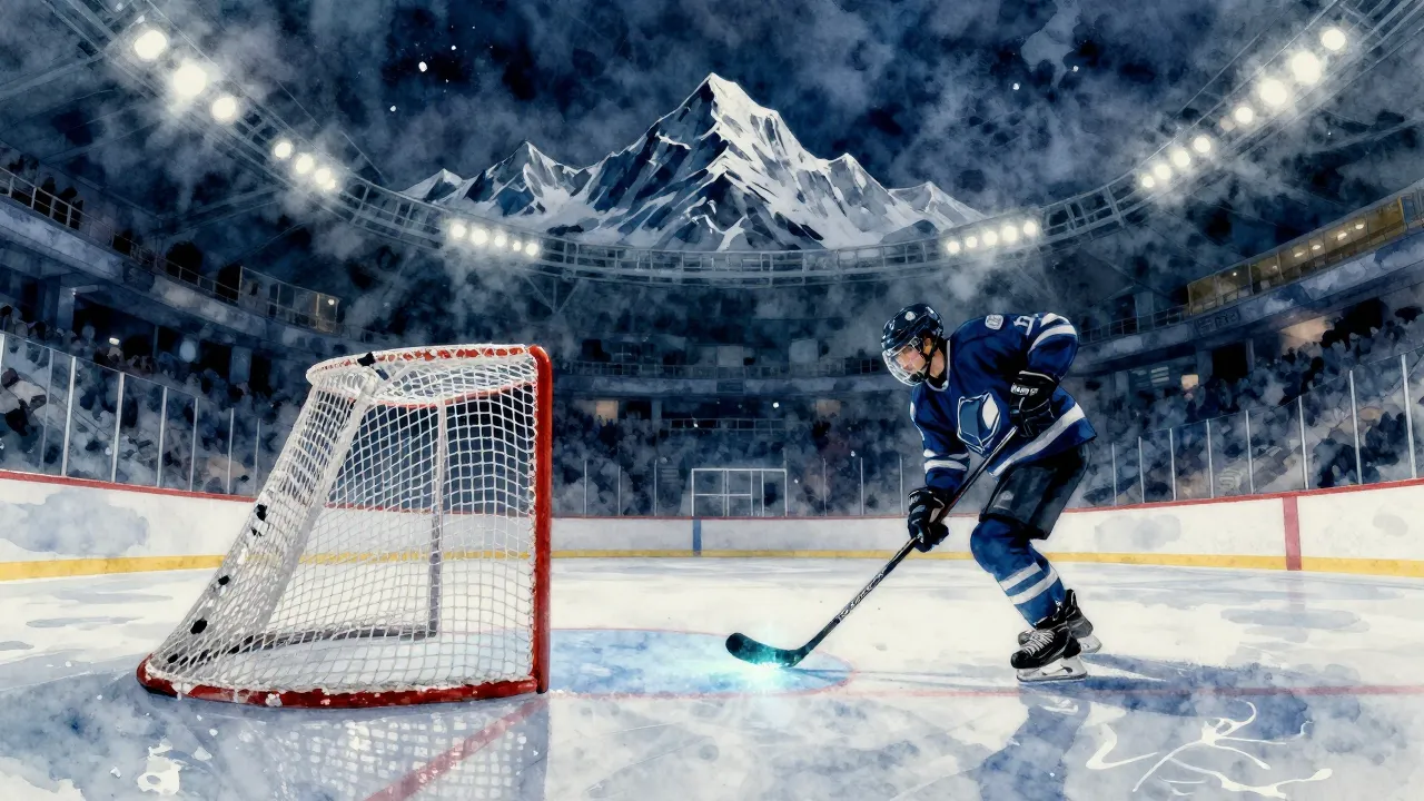 Vibrant watercolor style. A dynamic ice hockey arena scene, ...