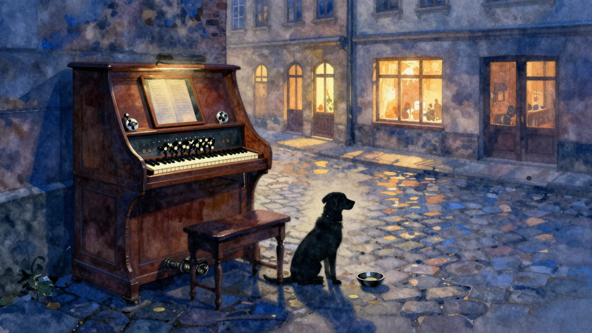 Vibrant watercolor style. A vintage street organ on a cold, ...