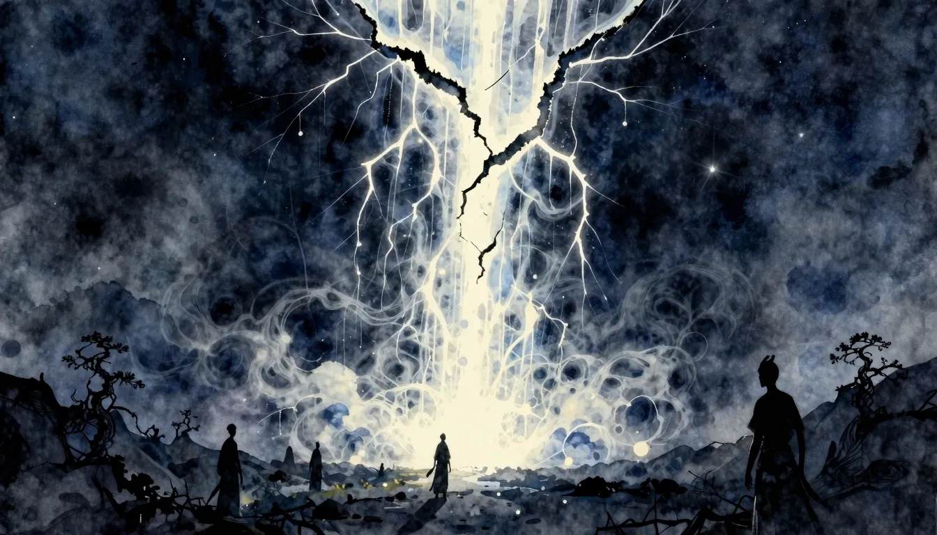 Watercolor style. A glowing crack in the dark night sky, mag...