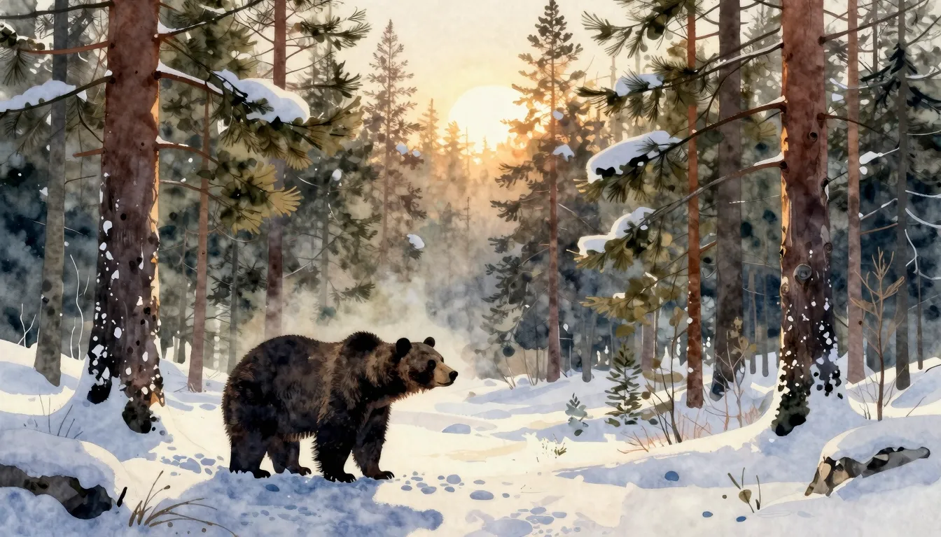 Watercolor style. Silhouette of a bear in a vast winter fore...