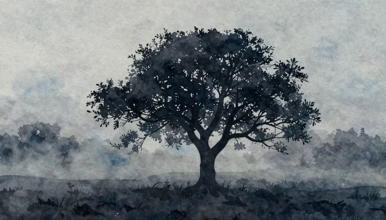 Watercolor style. A dark silhouette of a lone tree in a mist...