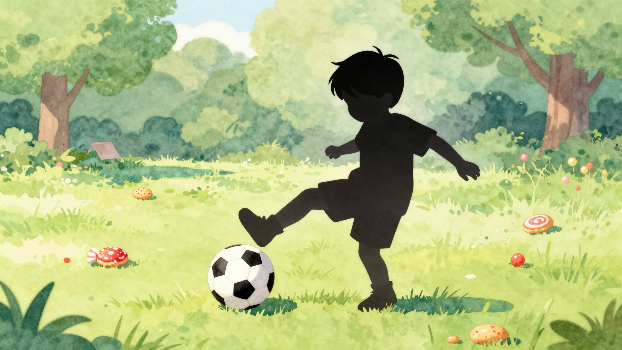 Watercolor style. A cute silhouette of a little boy kicking ...