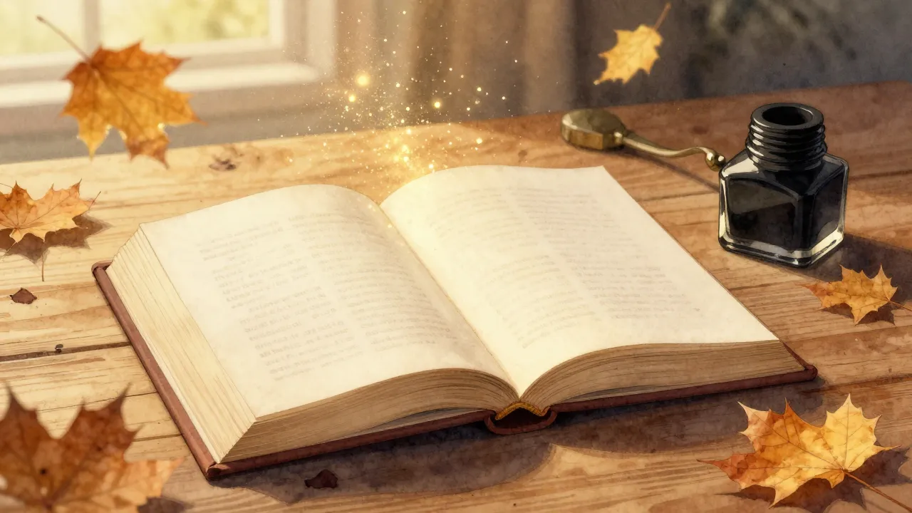 Watercolor style. Silhouette of an open book on a wooden des...