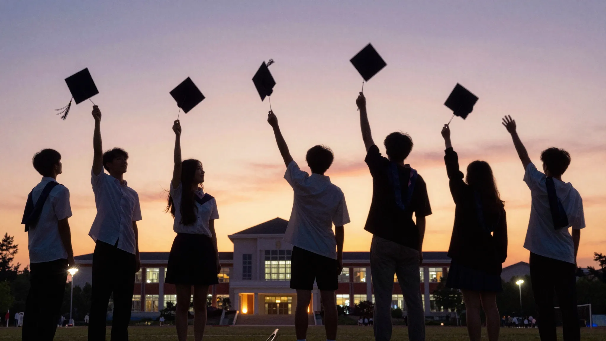 Watercolor style. Silhouettes of teenagers throwing graduati...