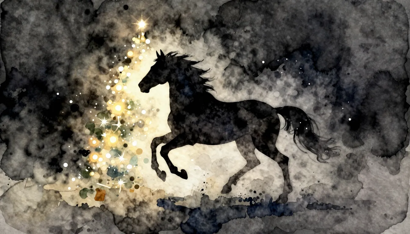 Watercolor style. A silhouette of a horse running in a circl...