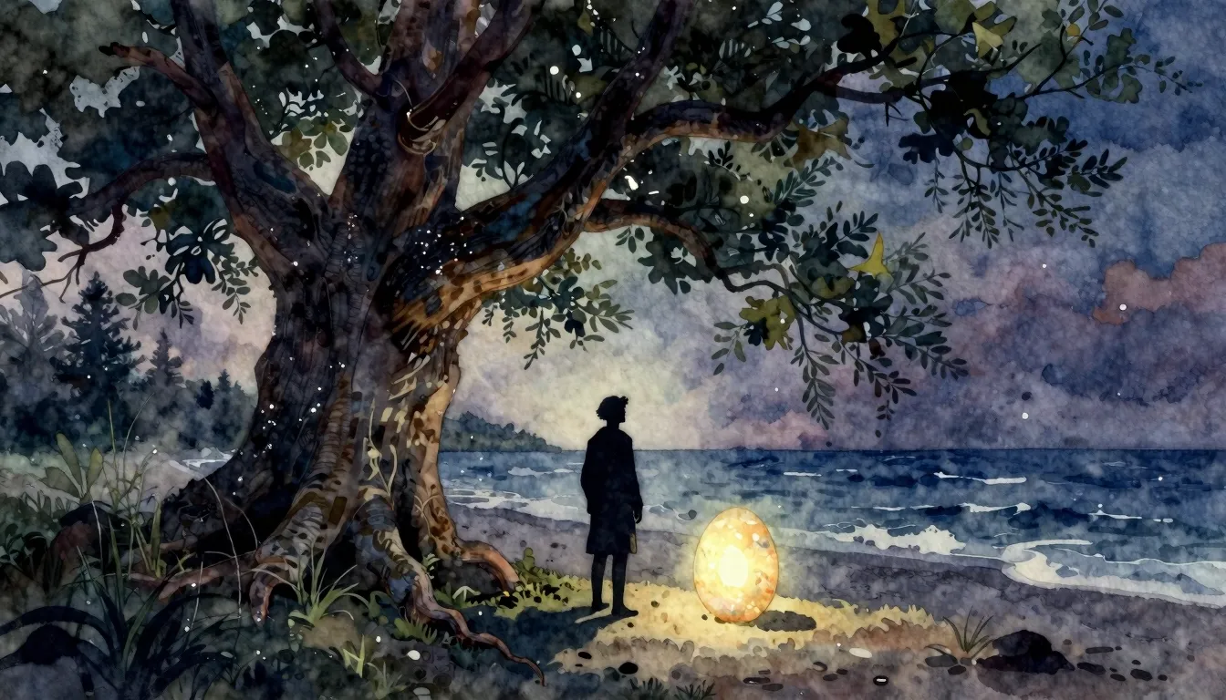 Vibrant watercolor style. A mystical silhouette of a lone tr...