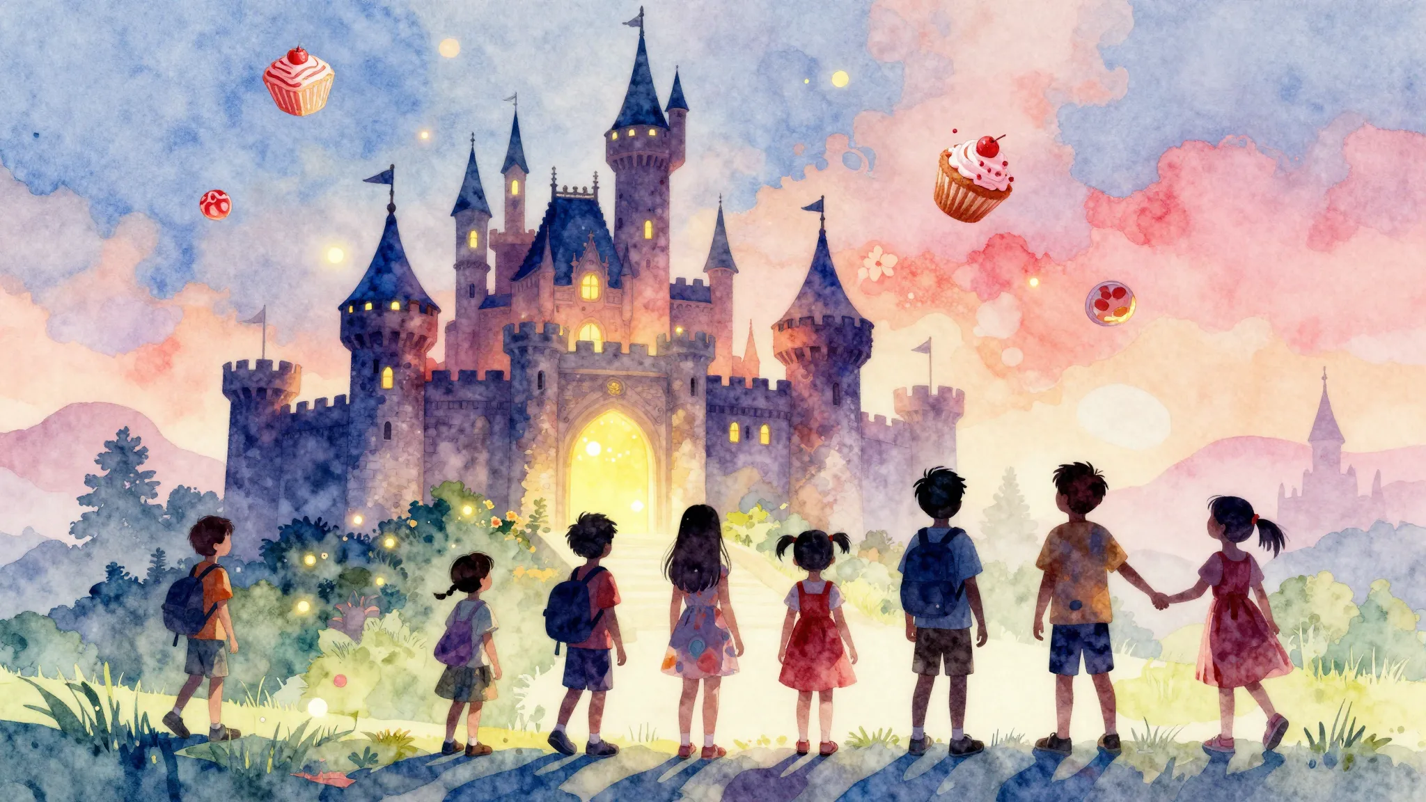 Watercolor style. Silhouette of a group of children explorin...