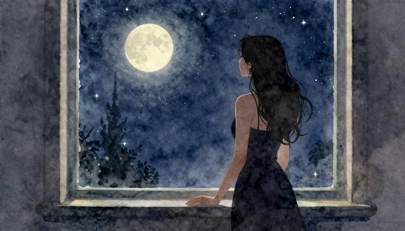 Watercolor style. A silhouette of a woman standing by a wind...