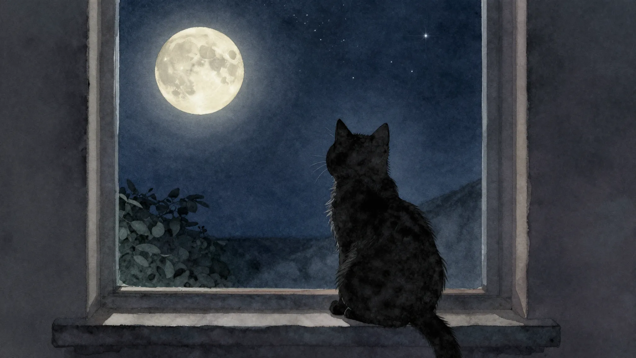 Watercolor style. Silhouette of a small fluffy cat sitting b...