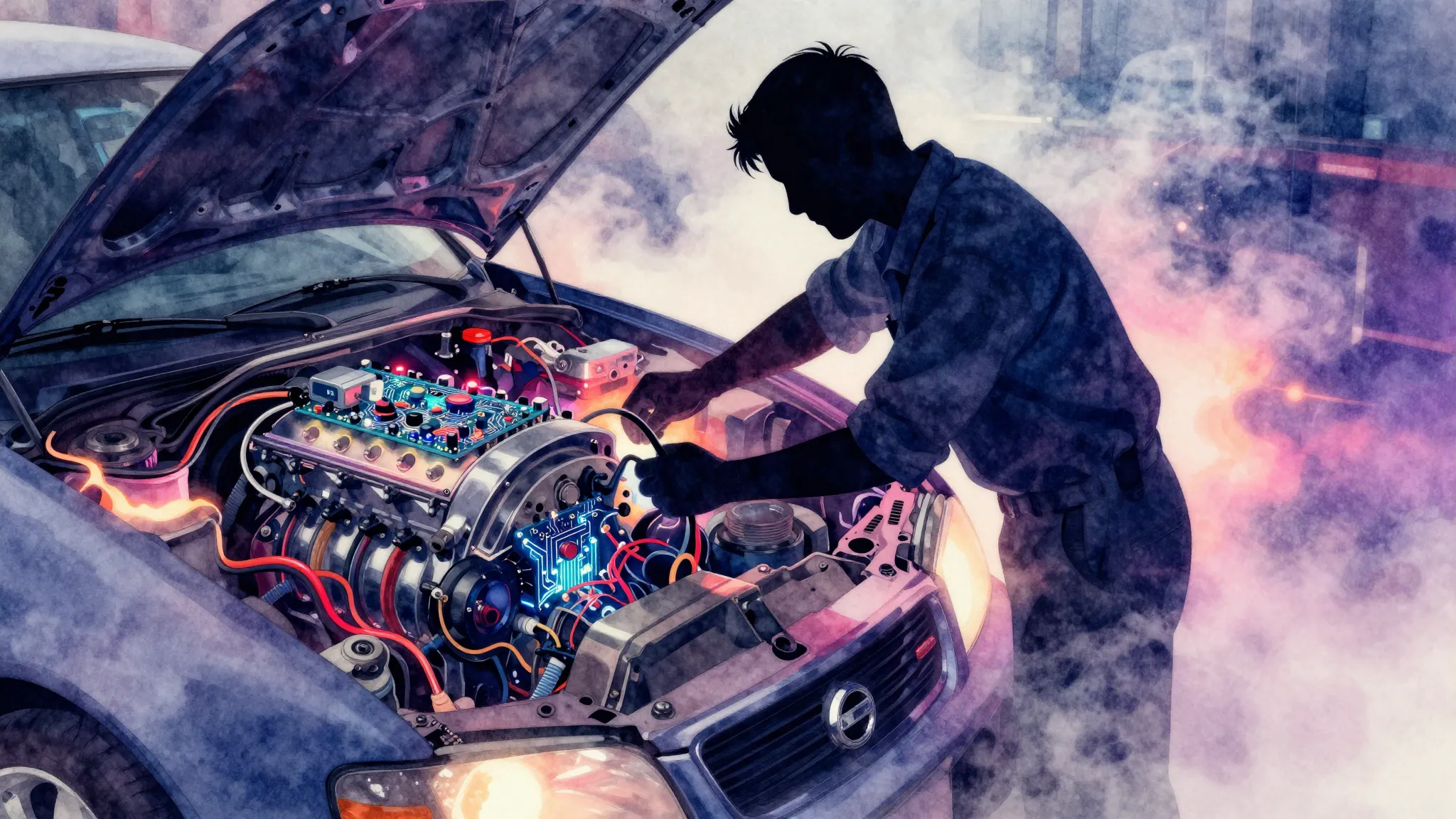 Vibrant watercolor style. A stylized silhouette of a mechani...