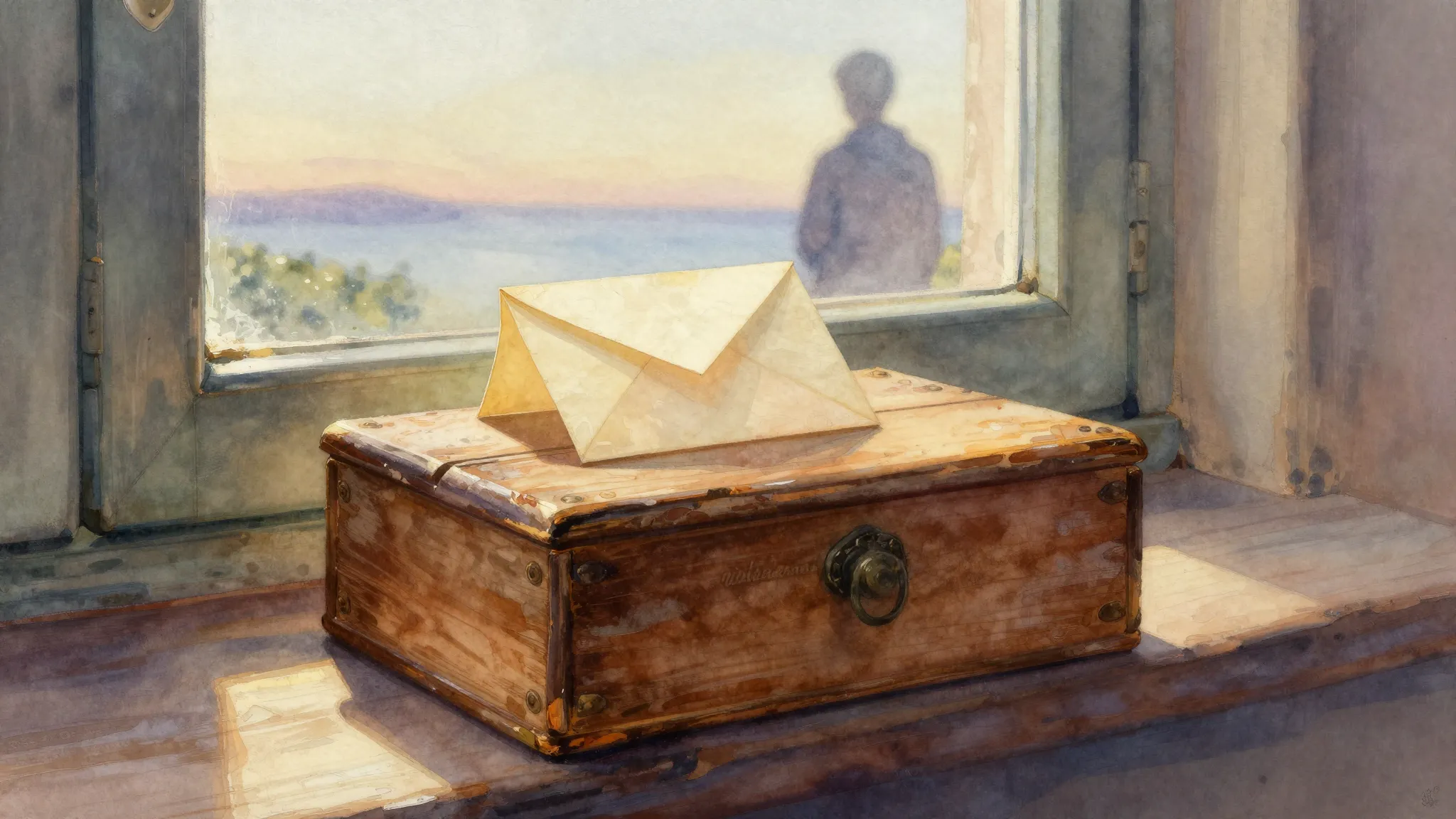 Vibrant watercolor style. A weathered wooden box sitting on ...