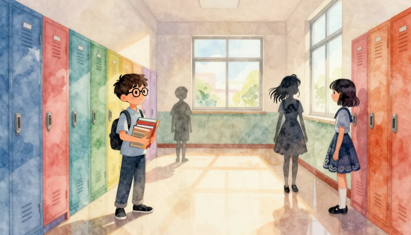 Watercolor style. Bright cartoon school hallway, colorful lo...