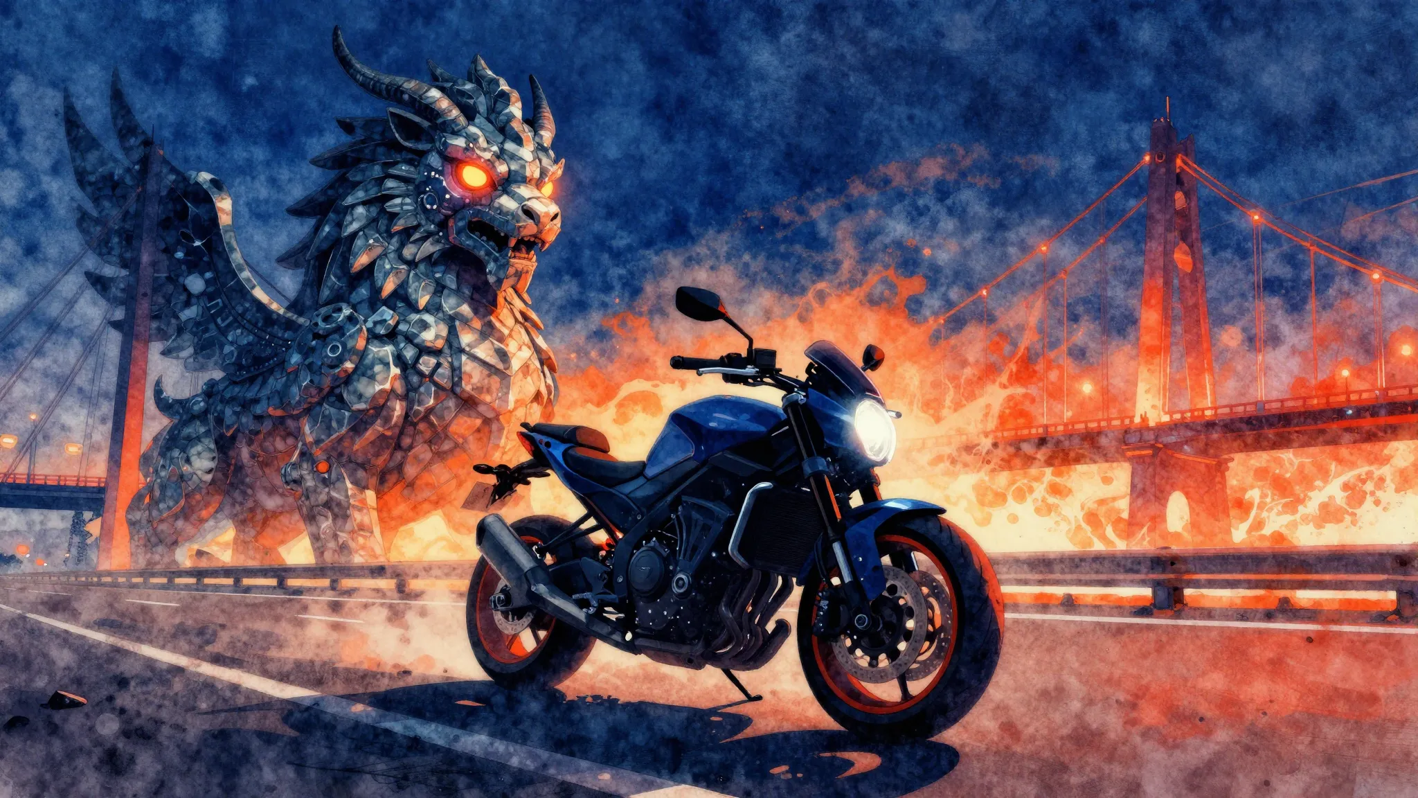 Vibrant watercolor style. Cyberpunk stone griffin with glowi...