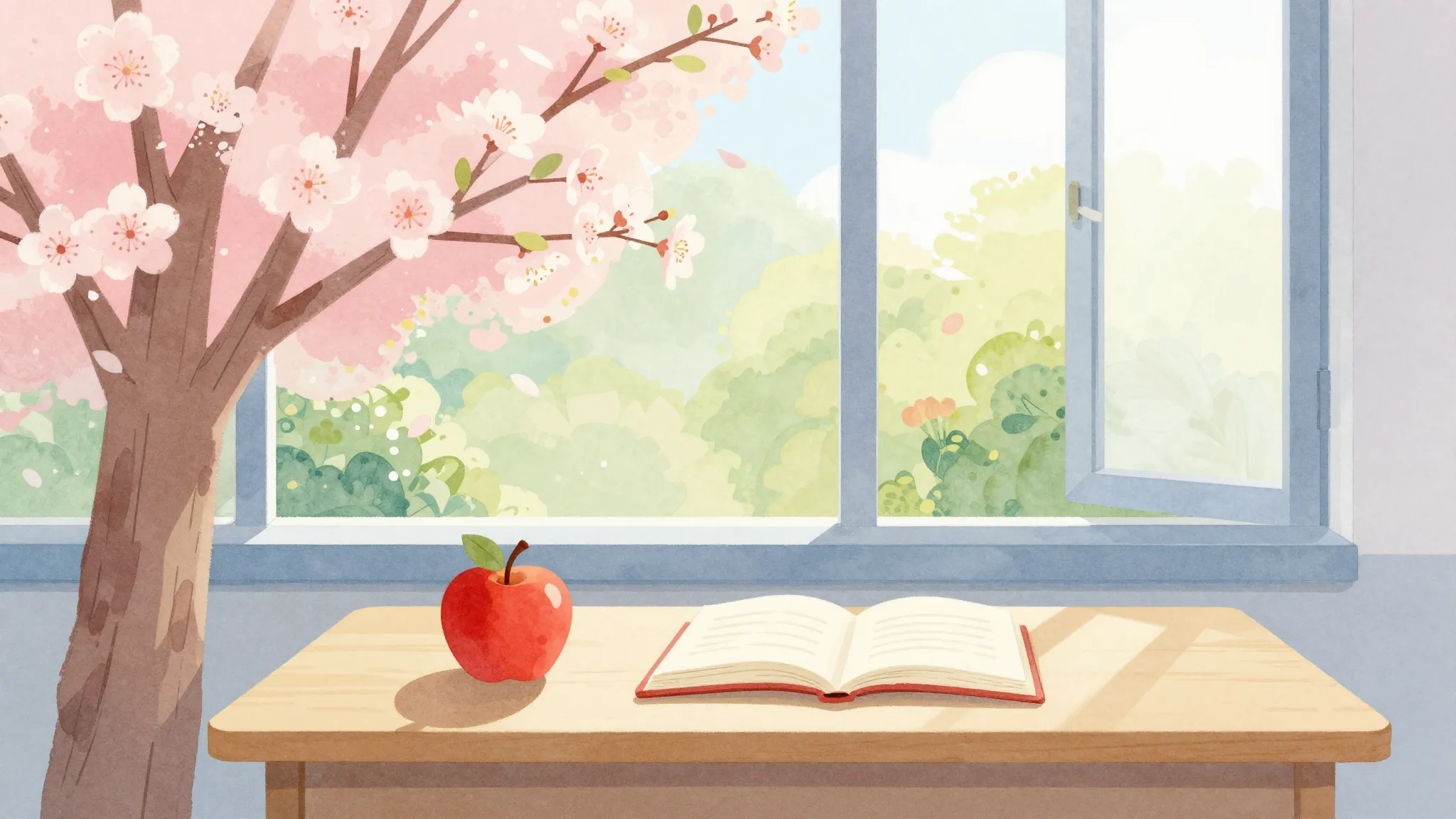 Watercolor style. A bright spring day with blooming trees, a...