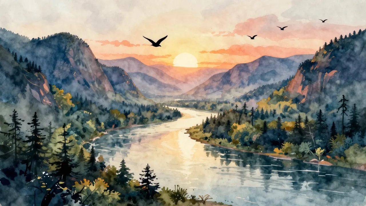 Watercolor style. A beautiful landscape of a vast river flow...