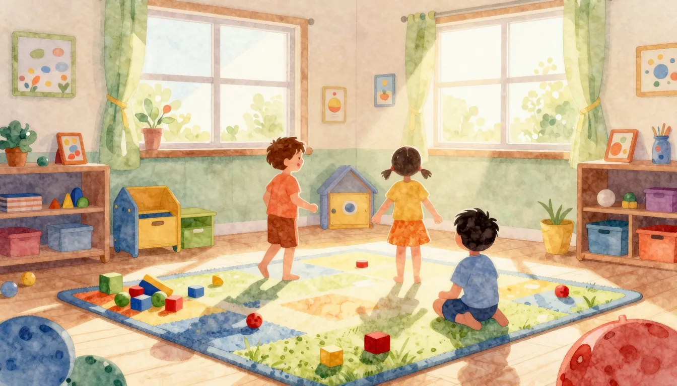 Watercolor style. A bright kindergarten playroom with toys, ...
