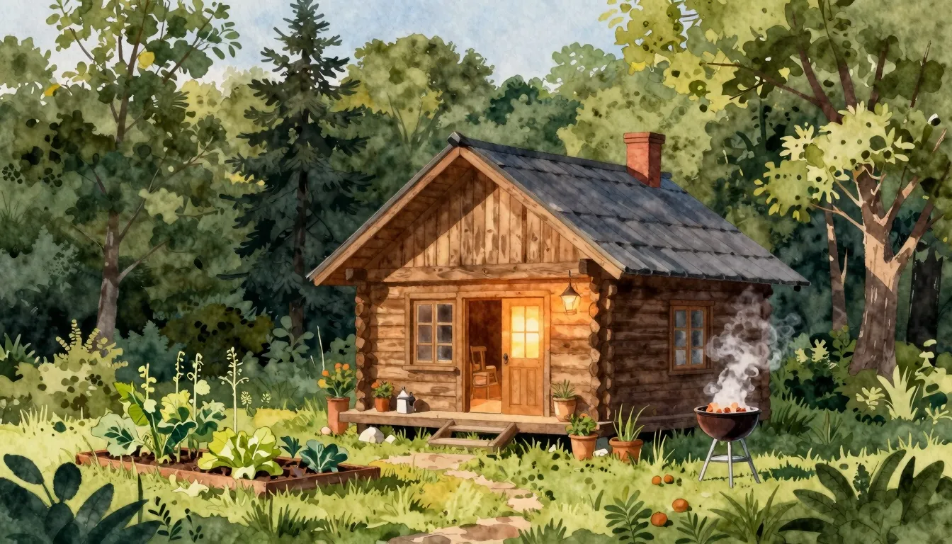 Watercolor style. A cozy wooden cottage surrounded by a lush...