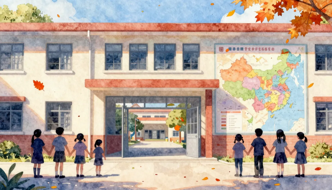 Watercolor style. A bright school building with a large open...