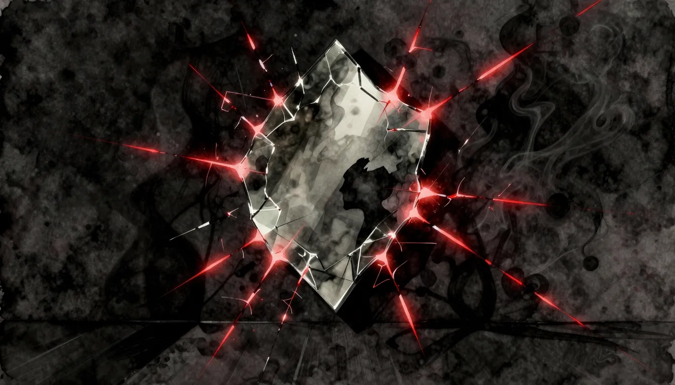 Watercolor style. Dark shattered mirror in a black room, glo...