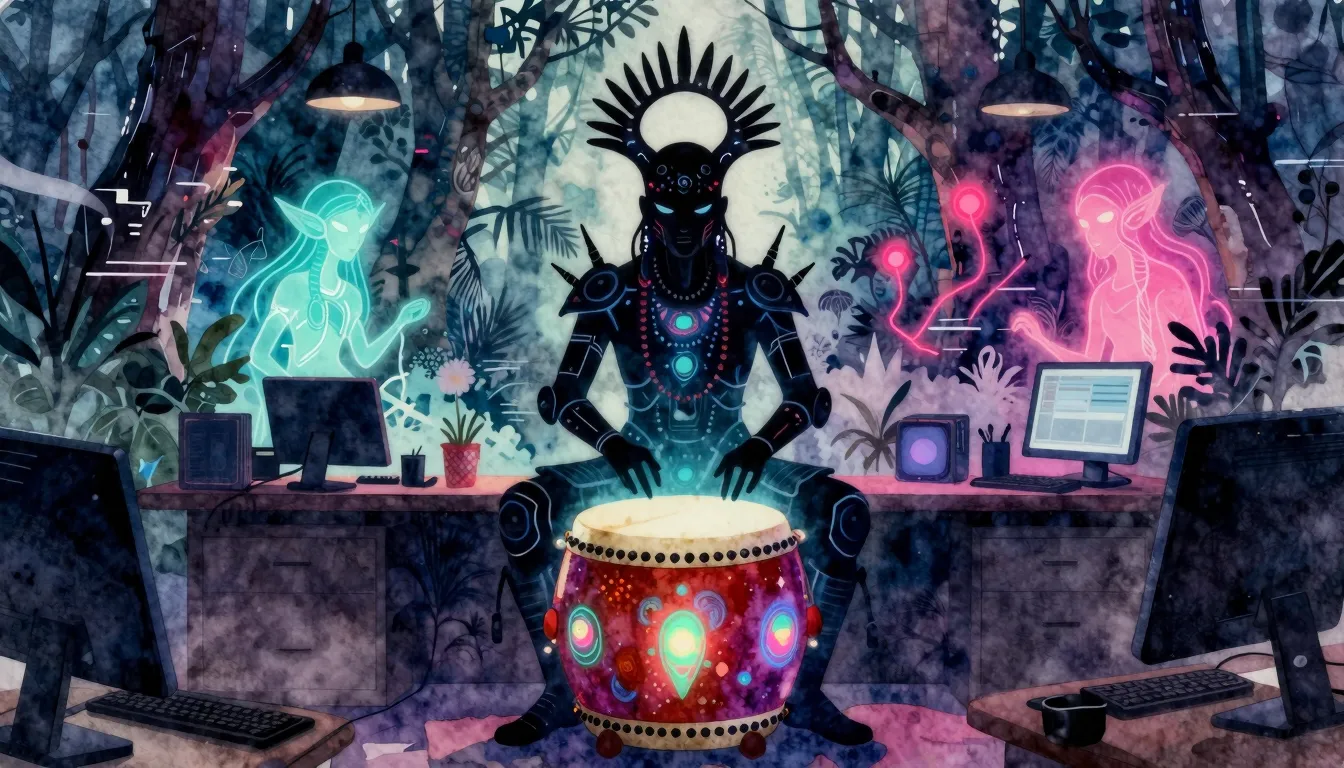 Vibrant watercolor style. Cybernetic shamanic silhouette in ...