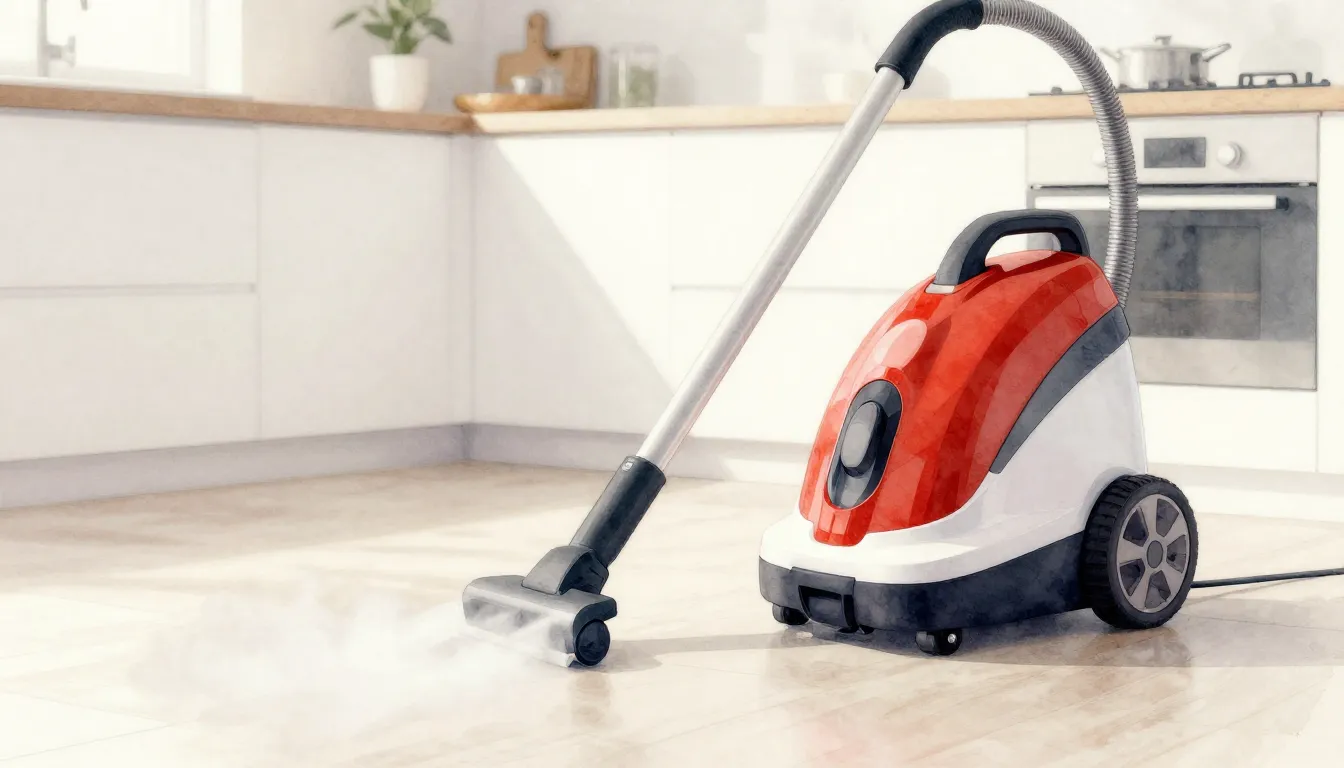 Vibrant watercolor style. Modern steam cleaner on a clean fl...