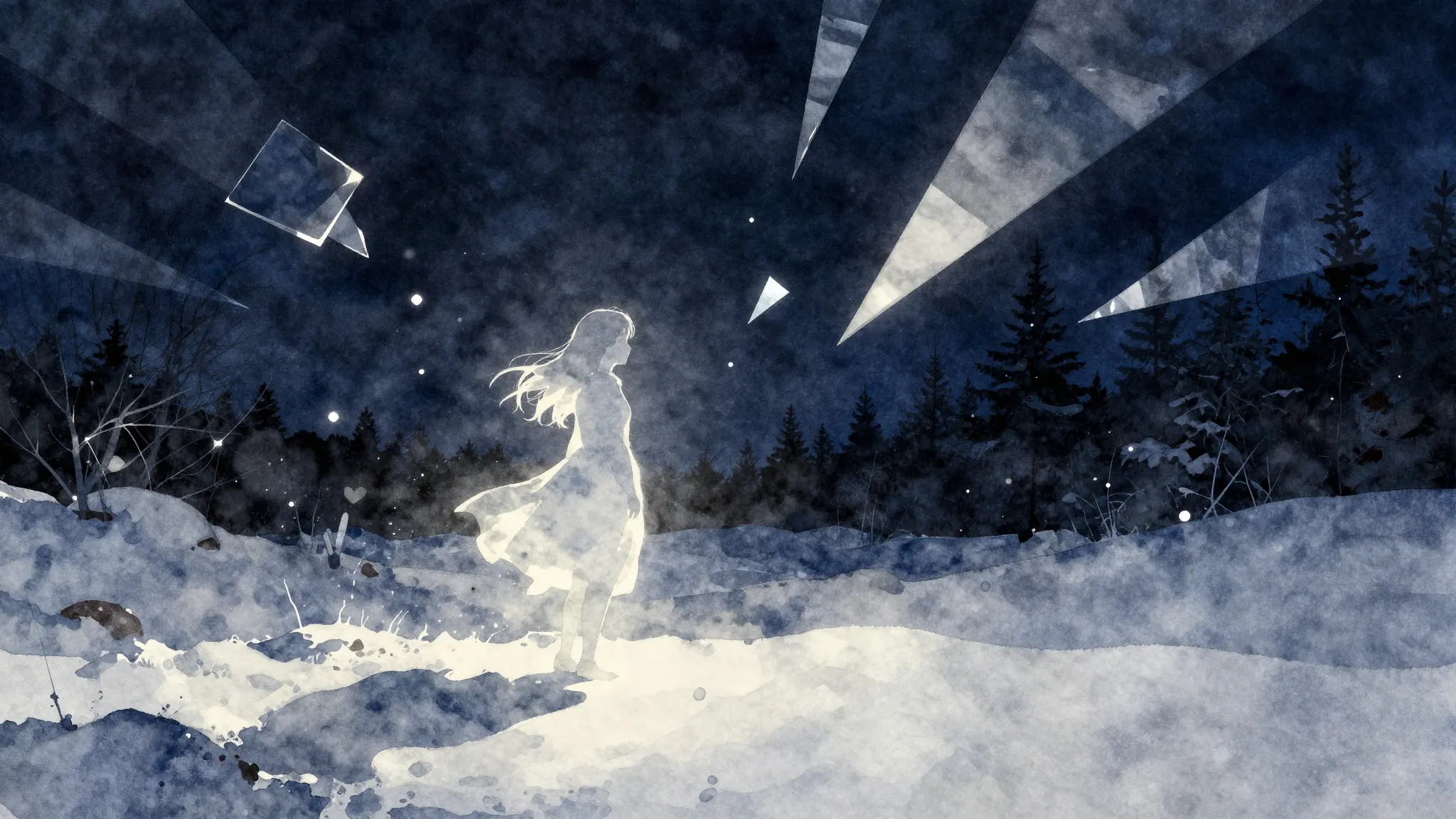 Watercolor style. Dark snowy landscape with a glowing silhou...