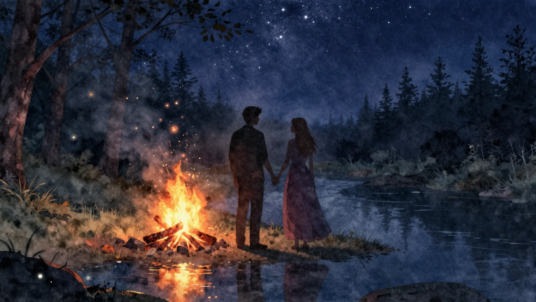 Watercolor style. Silhouette of a couple holding hands near ...