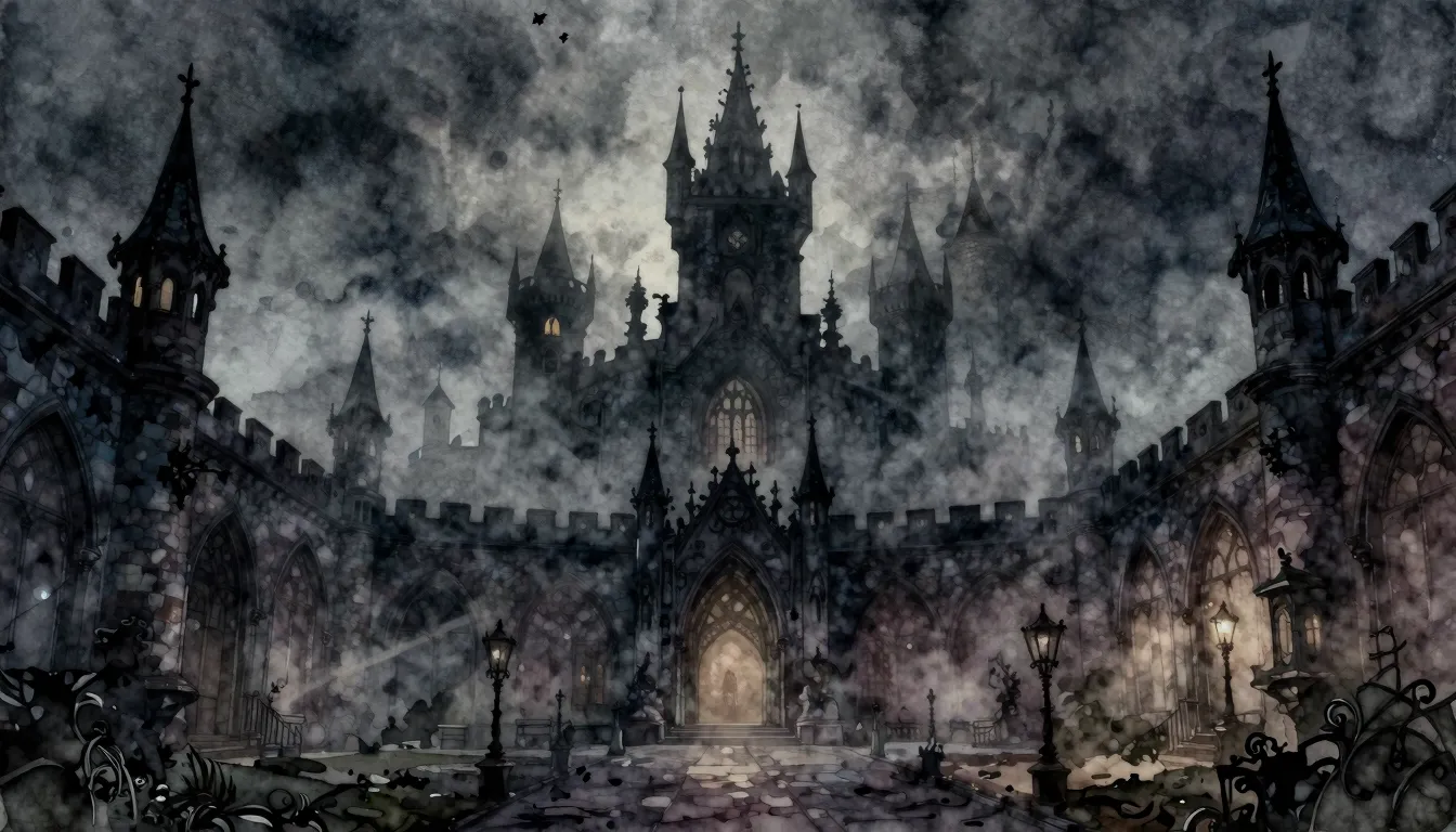 Watercolor style. Dark gothic castle courtyard silhouette at...