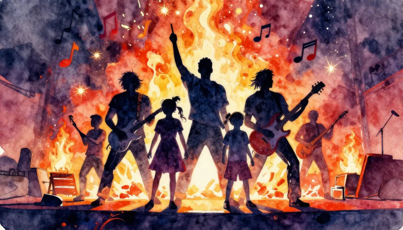 Vibrant watercolor style. Rock music album cover, a stylized...