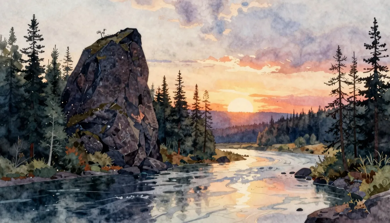 Watercolor style. Silhouette of a tall rock in a northern la...